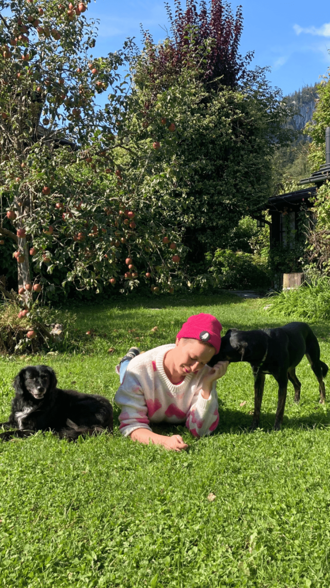 Eine Frau liegt im Gras zwischen zwei Hunden