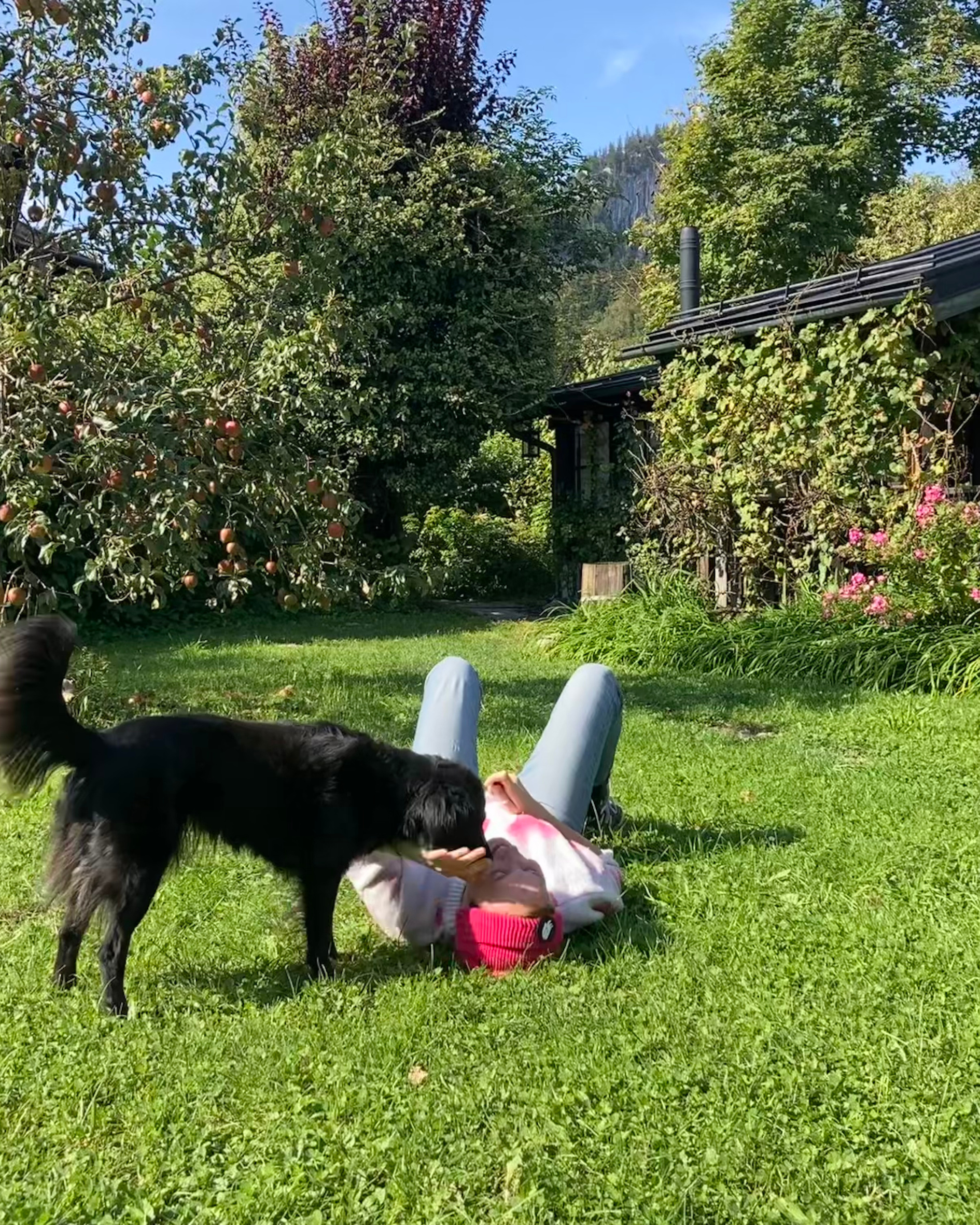 Eine Frau liegt im Gras, ein schwarzer Hund schnuppert an ihr